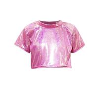 Keepink Girl's Metallic T Shirts Glitter Crop Tees Drop Shoulder Short Sleeve Round Neck Top Stretch Waistband Tee Stage Sparkle Shirt Shiny Blouses Cheerleading Competition Outfits UK