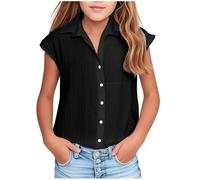 Keepink Girls Shirts 3-14 Years Boys Collar Cap Sleeve Button Down Blouse Plain Oversized Cotton Linen Tops Summer Smart Casual Top School Uniform Shirt Holiday Graduations Outfits