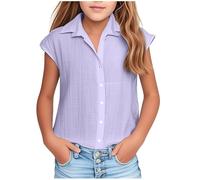 Keepink Girls Shirts 3-14 Years Boys Collar Cap Sleeve Button Down Blouse Plain Oversized Cotton Linen Tops Summer Smart Casual Top School Uniform Shirt Holiday Graduations Outfits