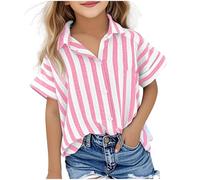 Keepink Girls' Short Sleeve Blouse Striped Button-Down Shirts 5-15Y Cotton-Linen Blend Oversized Tee Relaxed Collar Casual Top Unisex Tshirt School Holiday Outfits for Kids UK