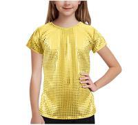 Keepink Girls' Short Sleeve Sequin Shirts Kids Boys Girls Metallic Shiny T-Shirt Jazz Hip Hop Dance Top Party Glitter Sparkly Tops Blouse Y2k Loose T-Shirt for Performance Costume