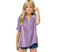Keepink Girls Short Sleeve T Shirts Kids Summer Casual Tops Plain Linen Shirts Oversized V Neck Tees Girls Fashion Button Shirt Loose Tunic Blouses 3-14 Years Clearance