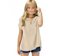 Keepink Girls Short Sleeve T Shirts Kids Summer Casual Tops Plain Linen Shirts Oversized V Neck Tees Girls Fashion Button Shirt Loose Tunic Blouses 3-14 Years Clearance