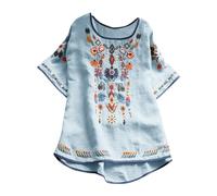 Keepink Going Out Tops Embroidered Mexican Top for Women Peasant Blouse Mexico Summer Shirt Cotton Linen Short Sleeve T-Shirts Boho Long Tunic Shirts Casual T Shirt 8-18 Clearance