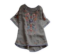 Keepink Going Out Tops Embroidered Mexican Top for Women Peasant Blouse Mexico Summer Shirt Cotton Linen Short Sleeve T-Shirts Boho Long Tunic Shirts Casual T Shirt 8-18 Clearance