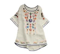 Keepink Going Out Tops Embroidered Mexican Top for Women Peasant Blouse Mexico Summer Shirt Cotton Linen Short Sleeve T-Shirts Boho Long Tunic Shirts Casual T Shirt 8-18 Clearance