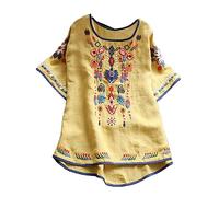 Keepink Going Out Tops Embroidered Mexican Top for Women Peasant Blouse Mexico Summer Shirt Cotton Linen Short Sleeve T-Shirts Boho Long Tunic Shirts Casual T Shirt 8-18 Clearance