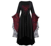 Keepink Gothic Dresses for Women UK Lace Patchwork Long Sleeve Dress Retro Medieval Renaissance Dress Halloween Party Cosplay Costumes Fancy Dress Victorian Midi Dresses Clearance