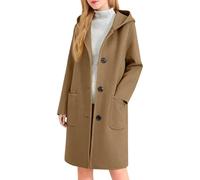 Keepink Hooded Trench Coat Womens Wool Blend Pea Coat with Pocket Plain Long Sleeve Hoodie Overcoat Winter Warm Smart Outerwear Classic Single Breasted Long Jacket for Business Travel