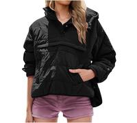 Keepink Hoodies for Women UK Sale Casual Loose Quilted Fit Puffer Jacket Long Sleeve V Neck Button Pullover Tops Cropped Hooded Coat Sweatshirt Winter Warm Outerwear S-XXL