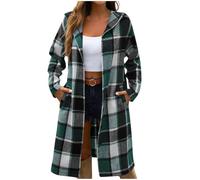 Keepink Jackets for Women UK Ladies Hooded Tweed Coat Check Longline Button Front Jacket Pocket Oversized Plaid Shacket Smart Casual Long Sleeve Shirts Trench Coats Elegant Outerwear Office
