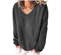 Keepink Jumpers Women Oversized Fluffy Fuzzy Sweater Solid Warm Double Fleece Sweatshirts Long Sleeve Loose Jumper V Neck Hoodless Sherpa Pullover Shirts Cozy Chunky Knit Tops