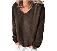 Keepink Jumpers Women Oversized Fluffy Fuzzy Sweater Solid Warm Double Fleece Sweatshirts Long Sleeve Loose Jumper V Neck Hoodless Sherpa Pullover Shirts Cozy Chunky Knit Tops