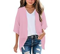 Keepink Kids' Cardigans 3-14Y Girls' Plain Chiffon Cardigan 3/4 Sleeve Lightweight Kimono Cover-Up Soft Layering Piece for School Outfits UK Childrens Sheer Shrug Tops