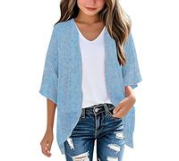 Keepink Kids' Cardigans 3-14Y Girls' Plain Chiffon Cardigan 3/4 Sleeve Lightweight Kimono Cover-Up Soft Layering Piece for School Outfits UK Childrens Sheer Shrug Tops