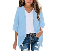 Keepink Kids' Cardigans 3-14Y Girls' Plain Chiffon Cardigan 3/4 Sleeve Lightweight Kimono Cover-Up Soft Layering Piece for School Outfits UK Childrens Sheer Shrug Tops