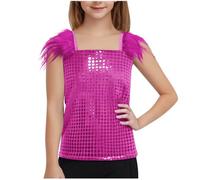 Keepink Kids Girls Glitter Sparkly Tops Sparkly Sequins Dance Outfits Shiny Sleeveless Vest Tops Unisex Crochet Trim T-Shirts Disco Party Fancy Dress Up Hip Hop Jazz Costume 4-14Y