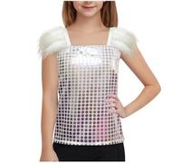 Keepink Kids Girls Glitter Sparkly Tops Sparkly Sequins Dance Outfits Shiny Sleeveless Vest Tops Unisex Crochet Trim T-Shirts Disco Party Fancy Dress Up Hip Hop Jazz Costume 4-14Y
