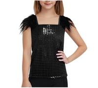 Keepink Kids Girls Glitter Sparkly Tops Sparkly Sequins Dance Outfits Shiny Sleeveless Vest Tops Unisex Crochet Trim T-Shirts Disco Party Fancy Dress Up Hip Hop Jazz Costume 4-14Y