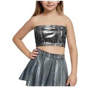 Keepink Kids Girl's Glitter Tube Tops 3-16Y Stretch Crop Tanks Top Summer Strapless Silver Sequin Top Sparkle Bardot Neck Vest Jazz Ballet Street Hip Hop Dance Tank Top Kids Vest Shirt