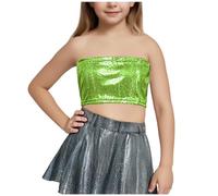 Keepink Kids Girl's Glitter Tube Tops 3-16Y Stretch Crop Tanks Top Summer Strapless Silver Sequin Top Sparkle Bardot Neck Vest Jazz Ballet Street Hip Hop Dance Tank Top Kids Vest Shirt