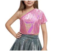 Keepink Kids Girls Off-Shoulder Glitter Tops 3-16Y Asymmetric Neck Summer Tees Teen Girls Shiny Sequins Crop Top Stretch Short Sleeve One Shoulder T-Shirt Jazz Hip Hop Dance Costume