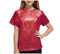 Keepink Kids Metallic Stage Tops 3-16Y Short Sleeve Jazz Hip Hop Street Dance Tops Sparkly Dancewear Glitter Performance Tee Boys Girls Shiny Metallic T-Shirts Party Costume