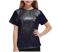 Keepink Kids Metallic Stage Tops 3-16Y Short Sleeve Jazz Hip Hop Street Dance Tops Sparkly Dancewear Glitter Performance Tee Boys Girls Shiny Metallic T-Shirts Party Costume