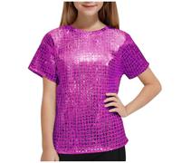 Keepink Kids Metallic Stage Tops 3-16Y Short Sleeve Jazz Hip Hop Street Dance Tops Sparkly Dancewear Glitter Performance Tee Boys Girls Shiny Metallic T-Shirts Party Costume