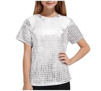 Keepink Kids Metallic Stage Tops 3-16Y Short Sleeve Jazz Hip Hop Street Dance Tops Sparkly Dancewear Glitter Performance Tee Boys Girls Shiny Metallic T-Shirts Party Costume