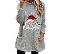 Keepink Ladies Christmas Jumpers Xams Hat Santa Printed Top Long Sleeve Crew Neck Sweatshirt Warm Long Sweaters for Women To Wear with Leggings Merry Christmas Thermal Fleece Pullover