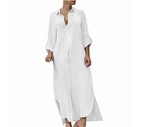 Keepink Ladies Dresses Cotton Linen Summer Maxi Dresses for Women UK Casual Button Down Shirt Dresses Plain Long Sleeve Lapel Dress Long Beach Dresses Swimsuit Cover Ups Plus Size 8-20