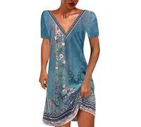 Keepink Ladies Dresses for Wedding Guests Dress Boho Floral Beach Sundresses Loose Casual T Shirt Dresses Elegant Retro Tunic Dress Plus Size Summer Dresses Short Sleeve Dress UK 8-18