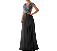 Keepink Ladies Dresses Sale Women's Elegant Short Sleeve Sequin Dress Empire Waist A Line Maxi Dresses V Neck Floor Length Wrap Dress Chiffon Bridesmaid Dress Evening Party Gowns