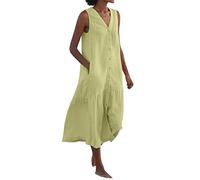 Keepink Ladies Dresses Size 8-16 Clearance Cotton/Linen Summer Maxi Dresses for Women UK Casual Sleeveless Dress with Pockets Dress Oversize Shirt Sun Dresses Midi Beach Dresses