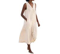 Keepink Ladies Dresses Size 8-16 Clearance Cotton/Linen Summer Maxi Dresses for Women UK Casual Sleeveless Dress with Pockets Dress Oversize Shirt Sun Dresses Midi Beach Dresses