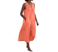 Keepink Ladies Dresses Size 8-16 Clearance Cotton/Linen Summer Maxi Dresses for Women UK Casual Sleeveless Dress with Pockets Dress Oversize Shirt Sun Dresses Midi Beach Dresses