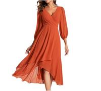 Keepink Ladies Dresses Size 8/18 UK Chiffon Wedding Guest Dress V Neck Wrap High Waist Elegant Long Sleeve Formal Long Evening Party Mother of The Bride Outfits