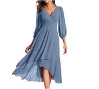 Keepink Ladies Dresses Size 8/18 UK Chiffon Wedding Guest Dress V Neck Wrap High Waist Elegant Long Sleeve Formal Long Evening Party Mother of The Bride Outfits