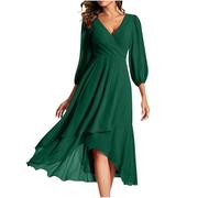 Keepink Ladies Dresses Size 8/18 UK Chiffon Wedding Guest Dress V-Neck Wrap High Waist Long Sleeve Formal Evening Party Mother of The Bride Outfit