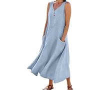 Keepink Ladies Dresses Size 8-22 Cotton/Linen Summer Maxi Dresses for Women UK Casual Oversized Tunic Dress Elegant Sundresses Large Sleeveless Midi Dresses with Pockets Clearance