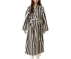 Keepink Ladies Dressing Gowns Fluffy Fleece Plush Soft Fuzzy Cozy Long Housecoats Womens Striped Robe Pocket Long Sleeve Loungewear Winter Warm Lightweight Bathrobe Shower Spa House Robe