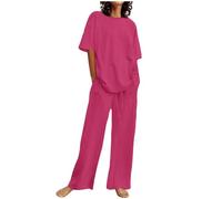 Keepink Ladies Linen Set Two Piece Outfits Solid Short Sleeve T-Shirts Tops & Elastic Waisted Trousers Causal Matching Sets Tracksuit Plus Size Summer Co Ord Sets for Women 8-22 Holiday