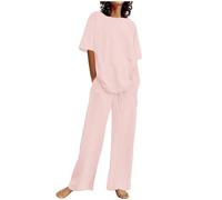 Keepink Ladies Linen Set Two Piece Outfits Solid Short Sleeve T-Shirts Tops & Elastic Waisted Trousers Causal Matching Sets Tracksuit Plus Size Summer Co Ord Sets for Women 8-22 Holiday