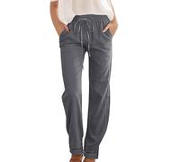 Keepink Ladies Linen Trousers Womens Elasticated Summer Casual Pants Baggy Straight Wide Leg Joggers Trouser Ladies Sweatpants Office Work Beach Bottoms with Pocket Petite Sale
