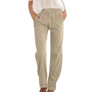 Keepink Ladies Linen Trousers Womens Elasticated Summer Casual Pants Baggy Straight Wide Leg Joggers Trouser Ladies Sweatpants Office Work Beach Bottoms with Pocket Petite Sale