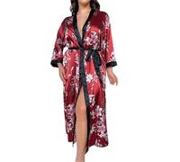 Keepink Ladies Plus Size Dressing Gowns Lightweight Long Floral Satin Robes Imitation Silk Sleepwear Kimono Bathrobe Elegant Loungewear Bridal Dressing Gown for Bridesmaid Nightgown