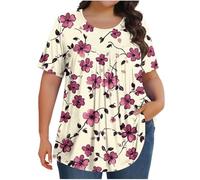 Keepink Ladies Plus Size Tops Summer Oversized T Shirts Solid/Floral Elegant Top Loose Tunic Crew Neck Shirt Short Sleeve Pleated Dressy Casual Blouse Long Top to Wear with Leggings