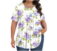 Keepink Ladies Plus Size Tops Summer Oversized T Shirts Solid/Floral Elegant Top Loose Tunic Crew Neck Shirt Short Sleeve Pleated Dressy Casual Blouse Long Top to Wear with Leggings