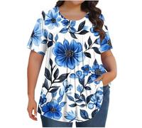 Keepink Ladies Plus Size Tops Summer Oversized T Shirts Solid/Floral Elegant Top Loose Tunic Crew Neck Shirt Short Sleeve Pleated Dressy Casual Blouse Long Top to Wear with Leggings